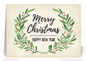Traditional Watercolor Wreath Merry Christmas Holiday Cards for Customers