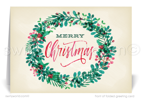 Traditional Botanical Wreath Merry Christmas Holiday Cards for Customers.