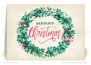 Traditional Botanical Wreath Merry Christmas Holiday Cards for Customers.