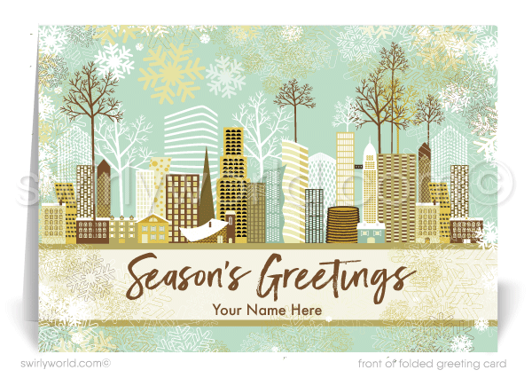 Modern City Architecture Christmas Scene Holiday Cards for Commercial Realtors