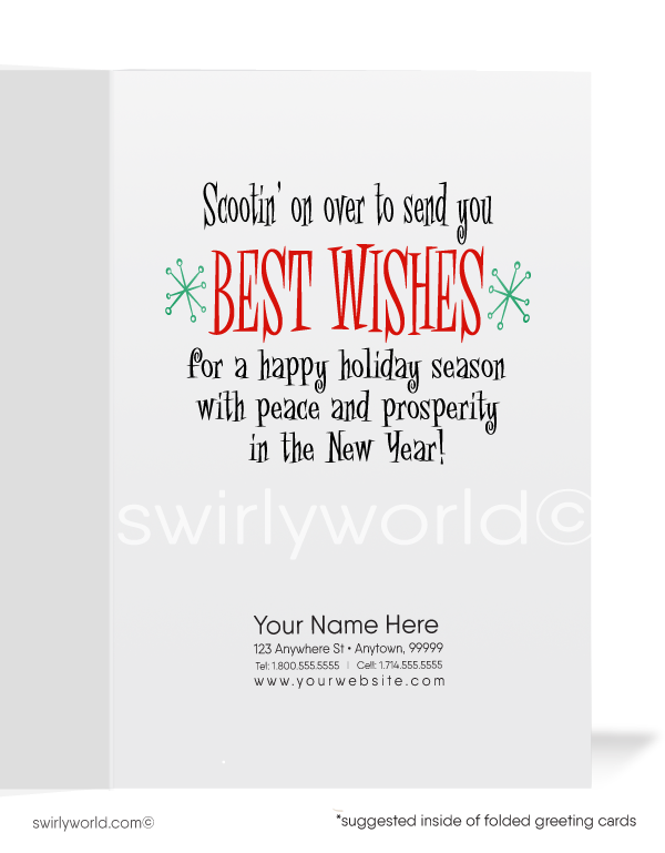 Funny Cartoon Santa Claus on Vespa Scooter Merry Christmas Holiday Cards