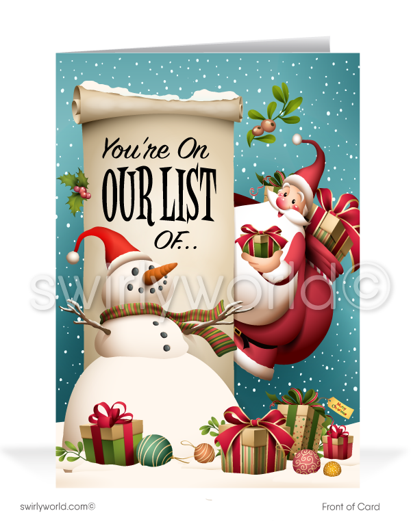 Funny Humorous Snowman and Santa Claus Merry Christmas Holiday Greeting Cards for Business Customers. Harrison Publishing Company holiday greeting cards.