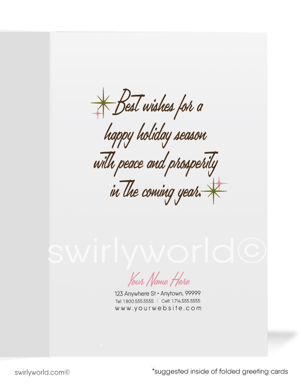 Pink Atomic Retro Mid-Century Modern Vintage Holly Christmas Holiday Cards. 