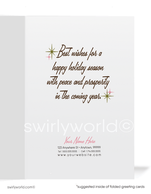 Vintage Christmas Card with Atomic Pink & Gold Holly, Retro Starbursts, and Mid-Century Modern Holiday Design