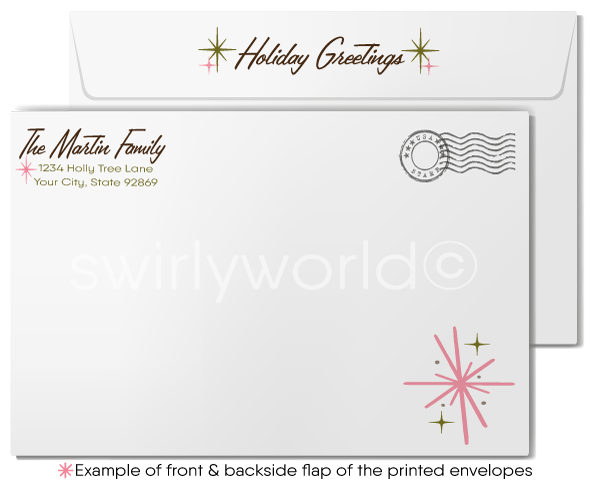 Vintage Christmas Card with Atomic Pink & Gold Holly, Retro Starbursts, and Mid-Century Modern Holiday Design