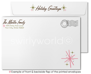 Vintage Christmas Card with Atomic Pink & Gold Holly, Retro Starbursts, and Mid-Century Modern Holiday Design