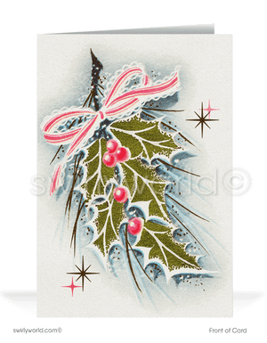Pink Atomic Retro Mid-Century Modern Vintage Holly Christmas Holiday Cards. 