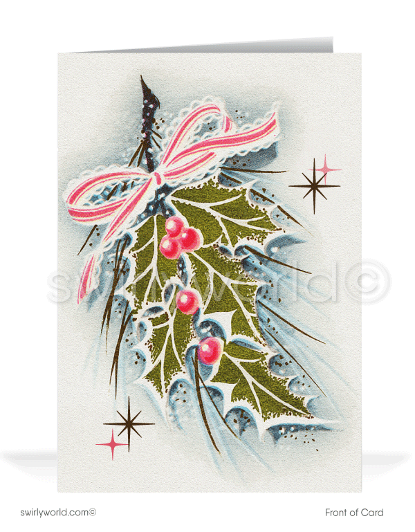Pink Atomic Retro Mid-Century Modern Vintage Holly Christmas Holiday Cards. 