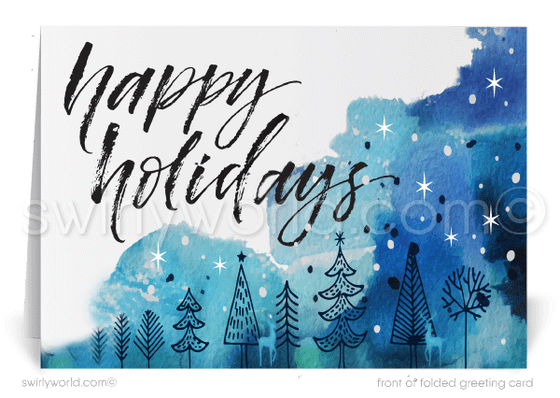 Contemporary Blue Watercolor Whimsical Forest Season's Greetings Holiday Cards for Business.
