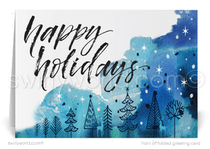 Contemporary Blue Watercolor Whimsical Forest Season's Greetings Holiday Cards for Business.