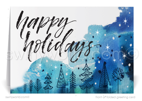 Contemporary Blue Watercolor Whimsical Forest Season's Greetings Holiday Cards for Business.