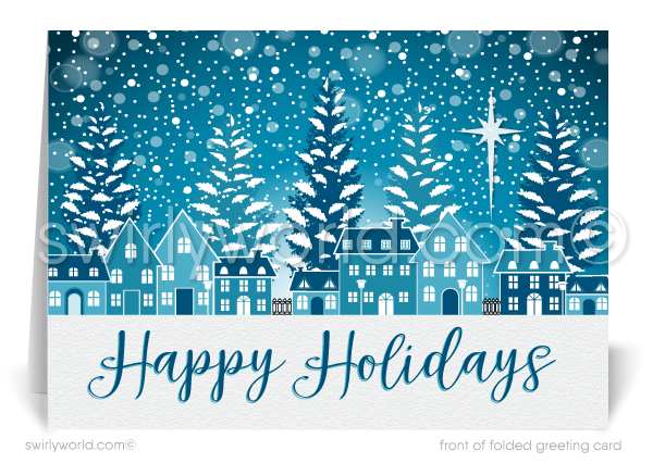 Snowy Blue Christmas Old Fashioned Neighborhood Holiday Cards for Realtors.