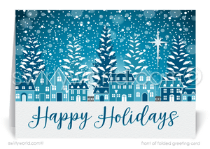 Snowy Blue Christmas Old Fashioned Neighborhood Holiday Cards for Realtors.