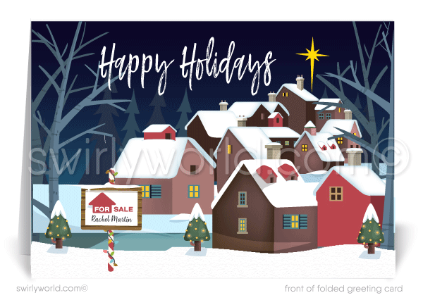 Traditional Winter Scene Neighborhood Houses Christmas Decorations Holiday Cards for Realtors.