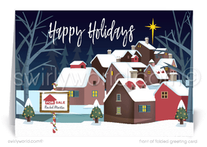 Traditional Winter Scene Neighborhood Houses Christmas Decorations Holiday Cards for Realtors.