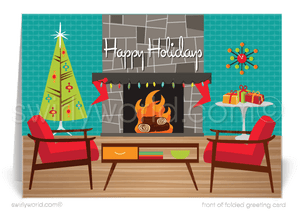 1960's Mid-Century Modern Eichler Home Interior Retro Starburst Christmas Holiday Greeting Cards. Mid-century modern retro living room furniture.