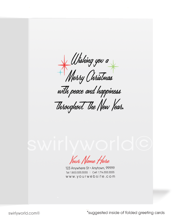 Retro Vintage Christmas Card with 1950s Kitschy Poodle Puppies in Festive Gift Box