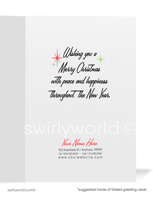 Retro Vintage Christmas Card with 1950s Kitschy Poodle Puppies in Festive Gift Box