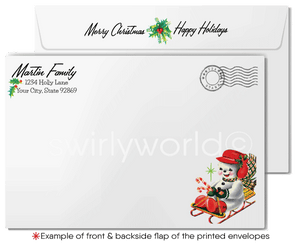 Retro Vintage Christmas Card with 1950s Kitschy Poodle Puppies in Festive Gift Box