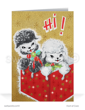 1950s retro mid-century style kitsch poodle puppies vintage Merry Christmas printed holiday cards.