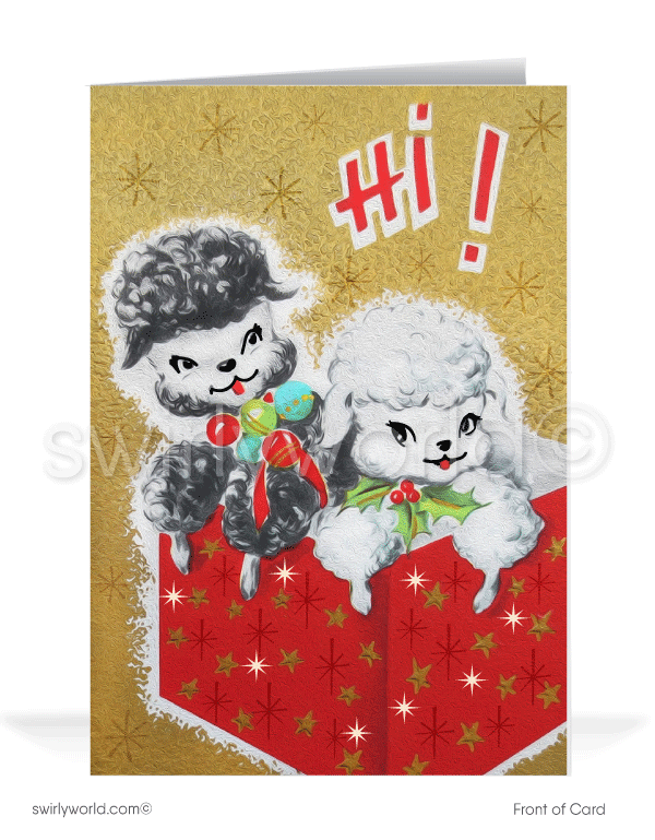 1950s retro mid-century style kitsch poodle puppies vintage Merry Christmas printed holiday cards.