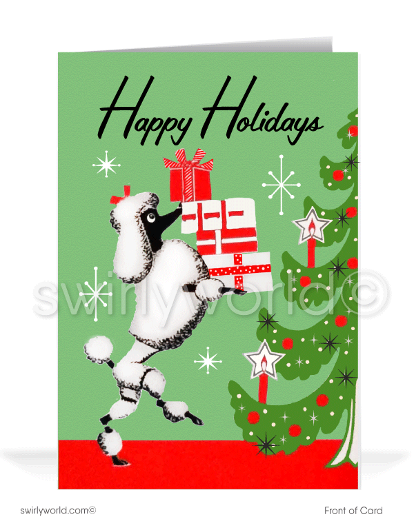 1950s retro vintage mid-century kitsch black poodle Merry Christmas printed holiday cards.