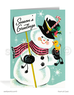 1950s vintage mid-century retro kitsch cute snowman Merry Christmas printed holiday cards.