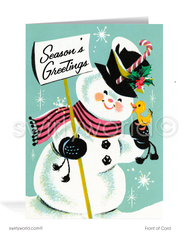 1950s vintage mid-century retro kitsch cute snowman Merry Christmas printed holiday cards.
