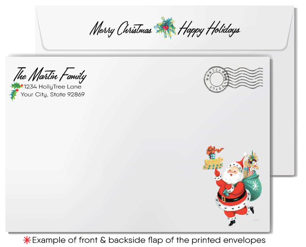 Vintage 1950s Atomic Christmas Card with Kitschy Deer, Holly Wreath, and Red Bow