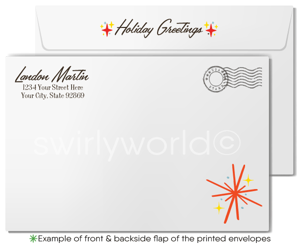 Vintage 1950s Christmas Card with Santa in Sleigh, Reindeer, and Winter Wonderland Scene