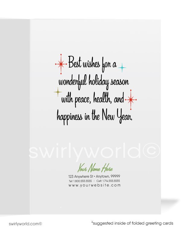 1950s retro mid-century modern vintage style atomic ornaments MCM printed Christmas cards.