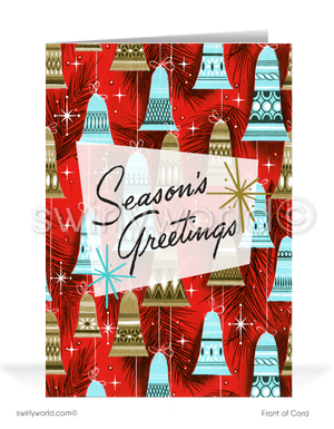 1950s retro mid-century modern vintage style atomic ornaments MCM printed Christmas cards.