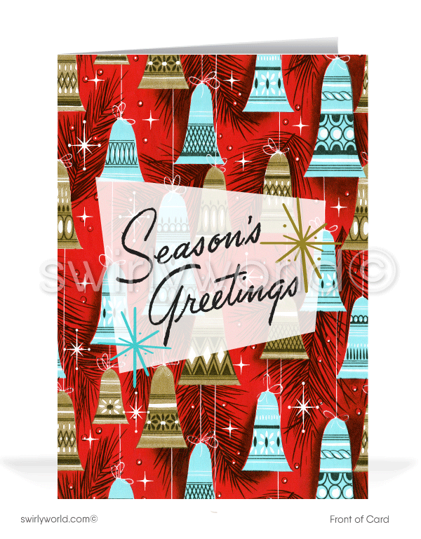 1950s retro mid-century modern vintage style atomic ornaments MCM printed Christmas cards.