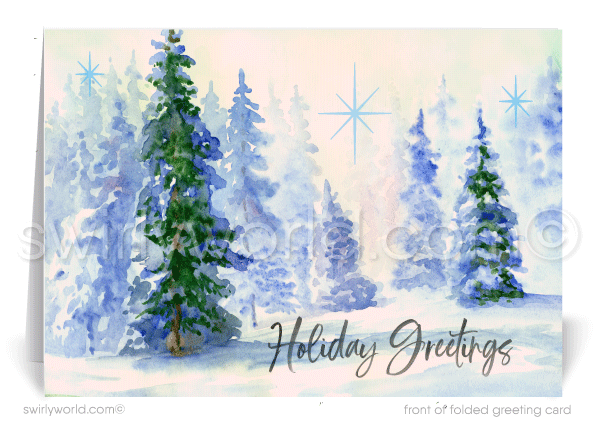 Rustic Watercolor Forest Trees Snow Nature Holiday Greeting Cards for Customers