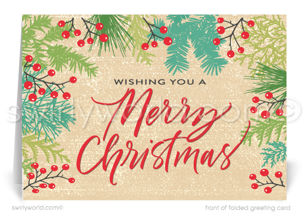 Retro Vintage Style Botanical Gardens Merry Christmas Holiday Cards.