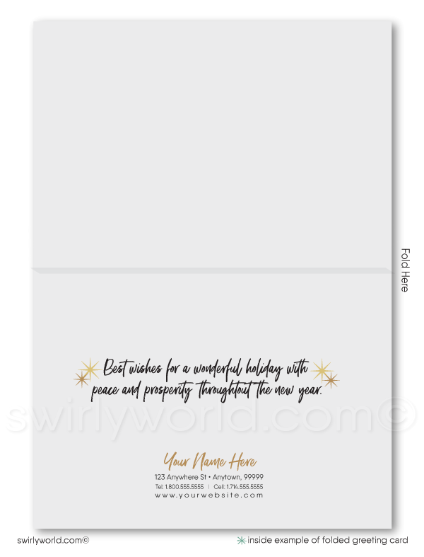 Retro Starbursts Mid-Century Modern Gold and Black Season's Greetings Corporate Business Holiday Cards.