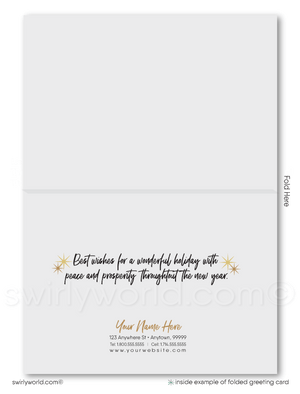 Modern Ornament Black and Gold Corporate Holiday Cards