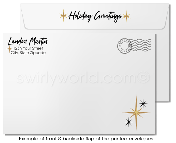 Modern Ornament Black and Gold Corporate Holiday Cards
