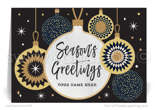 Retro Starbursts Mid-Century Modern Gold and Black Season's Greetings Corporate Business Holiday Cards.