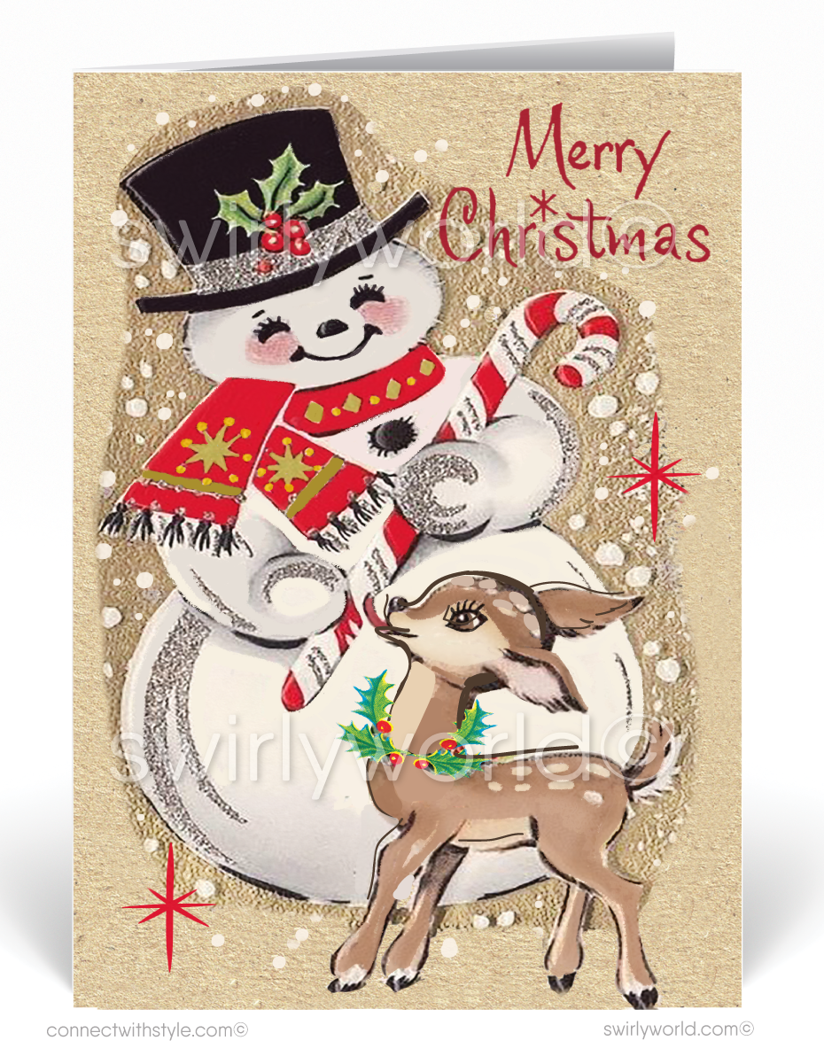 Retro 1950s Snowman Vintage Merry Christmas Holiday Cards