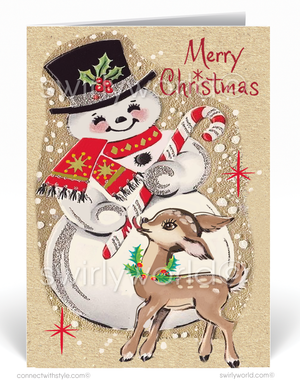 Retro 1950s Snowman Vintage Merry Christmas Holiday Cards
