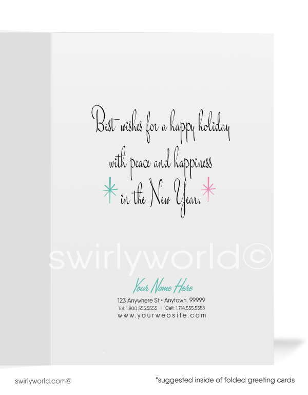 1960s retro atomic mid-century modern pink and blue vintage deer printed Christmas holiday cards.