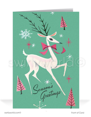 1960s retro atomic mid-century modern pink and blue vintage deer printed Christmas holiday cards.