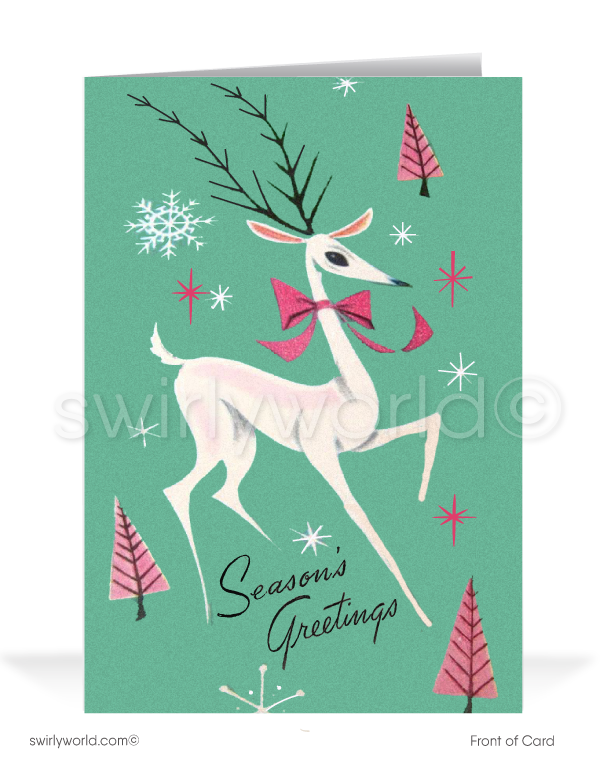 1960s retro atomic mid-century modern pink and blue vintage deer printed Christmas holiday cards.