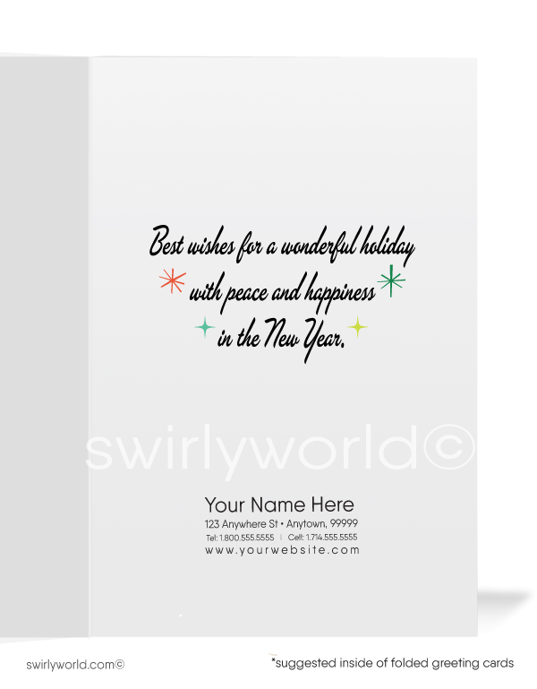 Retro atomic mid-century modern retro shapes ornaments vintage MCM Christmas printed holiday cards.