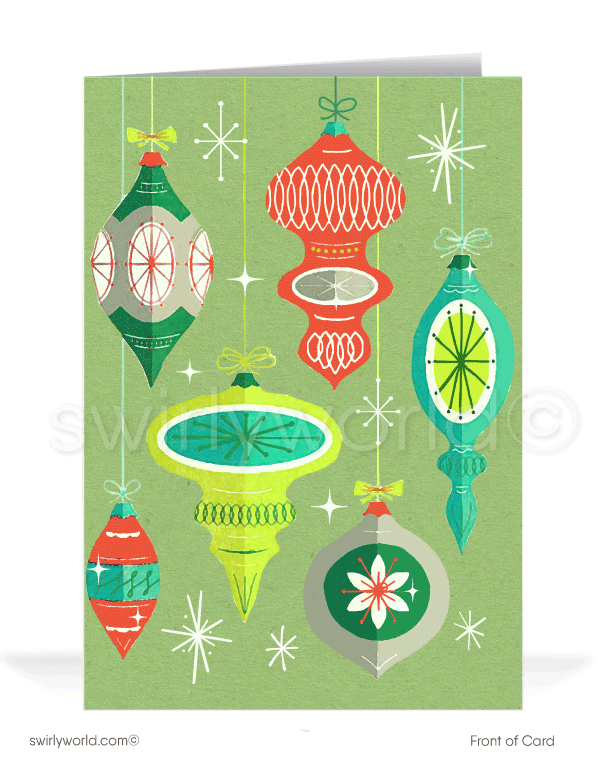 Retro atomic mid-century modern retro shapes ornaments vintage MCM Christmas printed holiday cards.