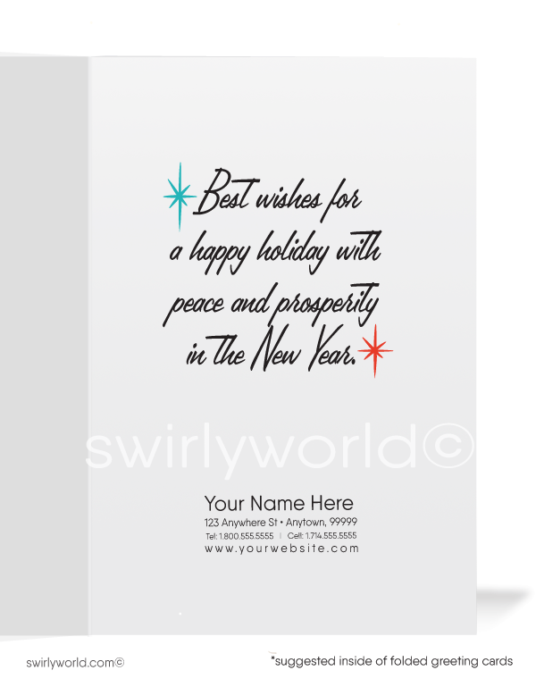 1960s kitsch vintage mid-century retro-modern Merry Christmas printed holiday cards for women.