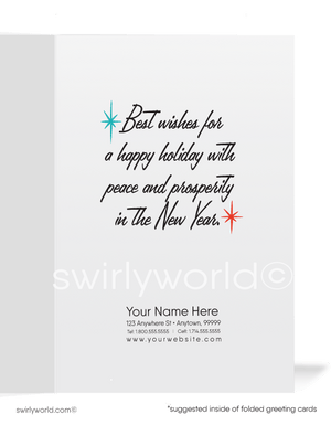 Vintage 1960s Christmas Card - Kitschy Mid-Century Sleigh with Elegant Lady & Atomic Starbursts