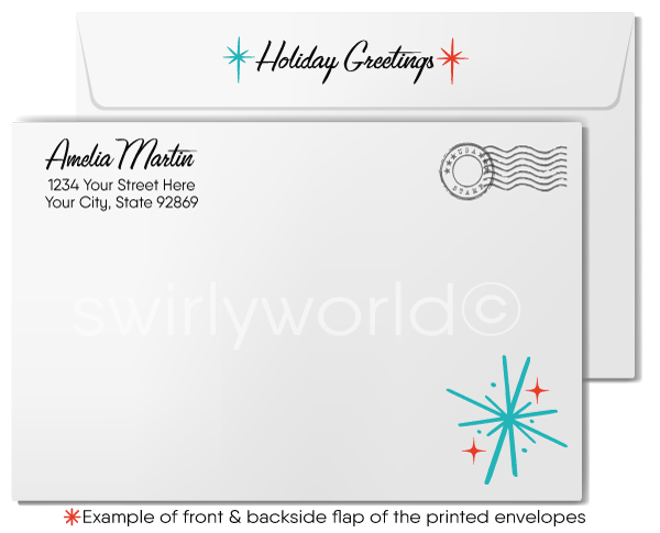 Vintage 1960s Christmas Card - Kitschy Mid-Century Sleigh with Elegant Lady & Atomic Starbursts