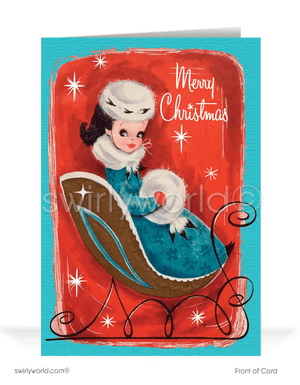 1960s kitsch vintage mid-century retro-modern Merry Christmas printed holiday cards for women.